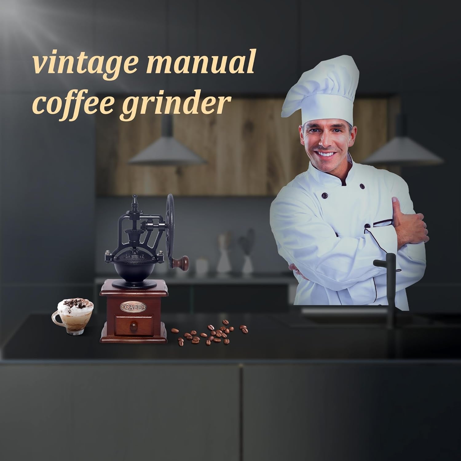 Manual Coffee Grinder Vintage Wooden Coffee Bean Grinder Hand Grinder Roller Antique Coffee Mill for Making Mesh Coffee Classic French Press for Decoration (Quadrilateral)