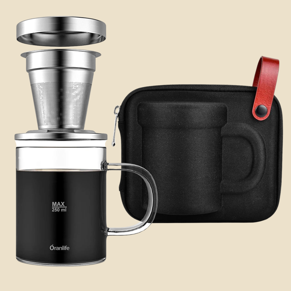 Portable Coffee Maker Set - Glass Mug with Steel Filter & Case