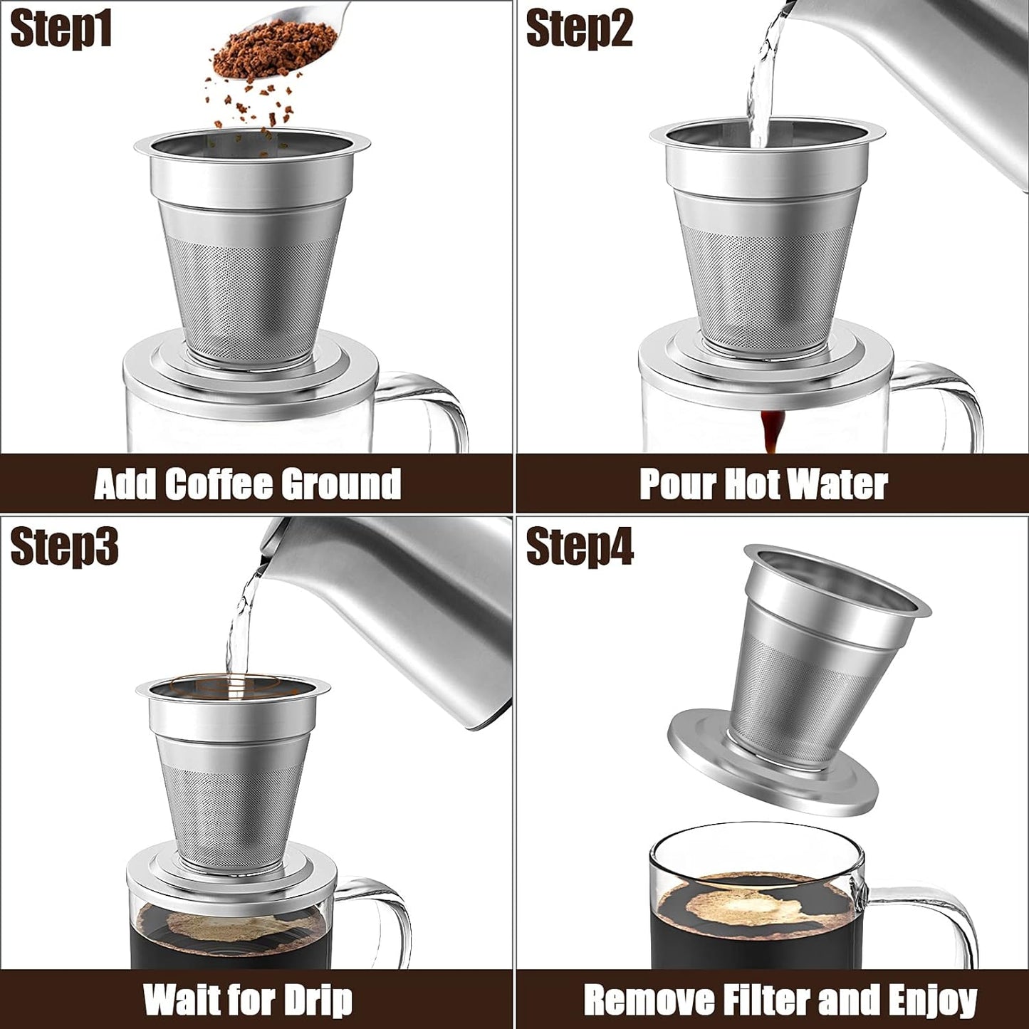 Pour over Coffee Maker Set for Travel/Camping/Hiking, Single Cup, Stainless Steel Coffee Filter, 14 Oz Borosilicate Glass Mug, Extra Permanent Lid and Moulded Neoprene Case, at Home/Office