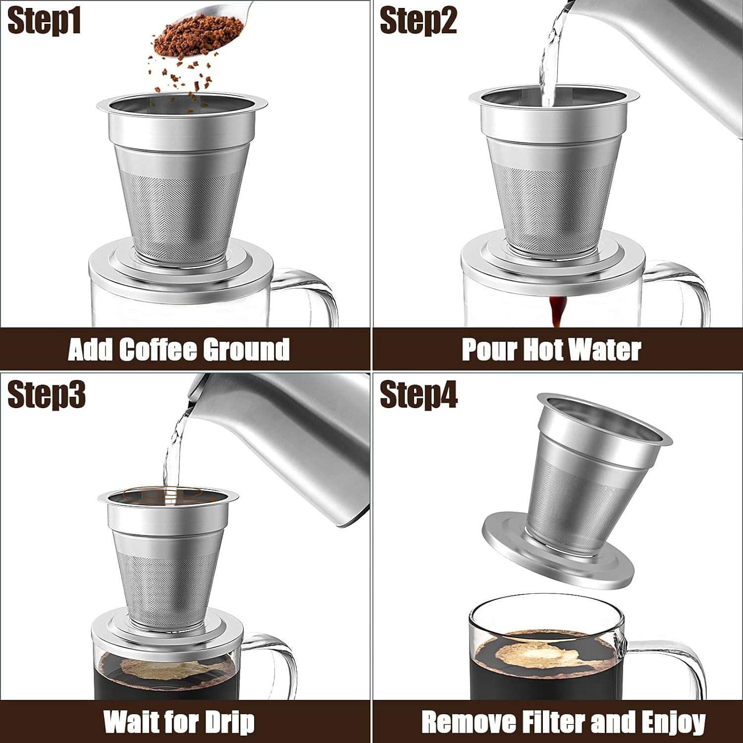 Pour over Coffee Maker Set for Travel/Camping/Hiking, Single Cup, Stainless Steel Coffee Filter, 14 Oz Borosilicate Glass Mug, Extra Permanent Lid and Moulded Neoprene Case, at Home/Office
