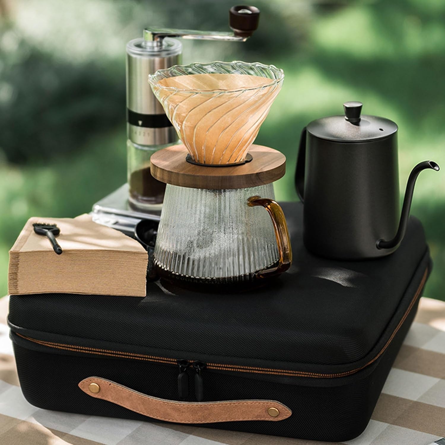 Outdoor Travel Coffee Gift Set with Goose Neck Kettle Digital Scale Walled Glass Mug Glass Server Manual Grinder Glass Dipper 100 Pcs Paper Filter and Scope for Drip