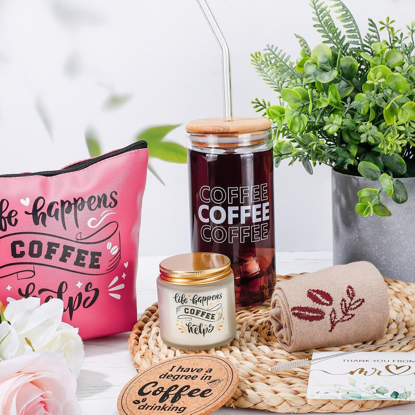  Coffee Lovers Gifts Set - 20 Oz Iced Drink Cups with Lids and Straws round Cork Coaster, Socks, Makeup Bag, Candle Jar