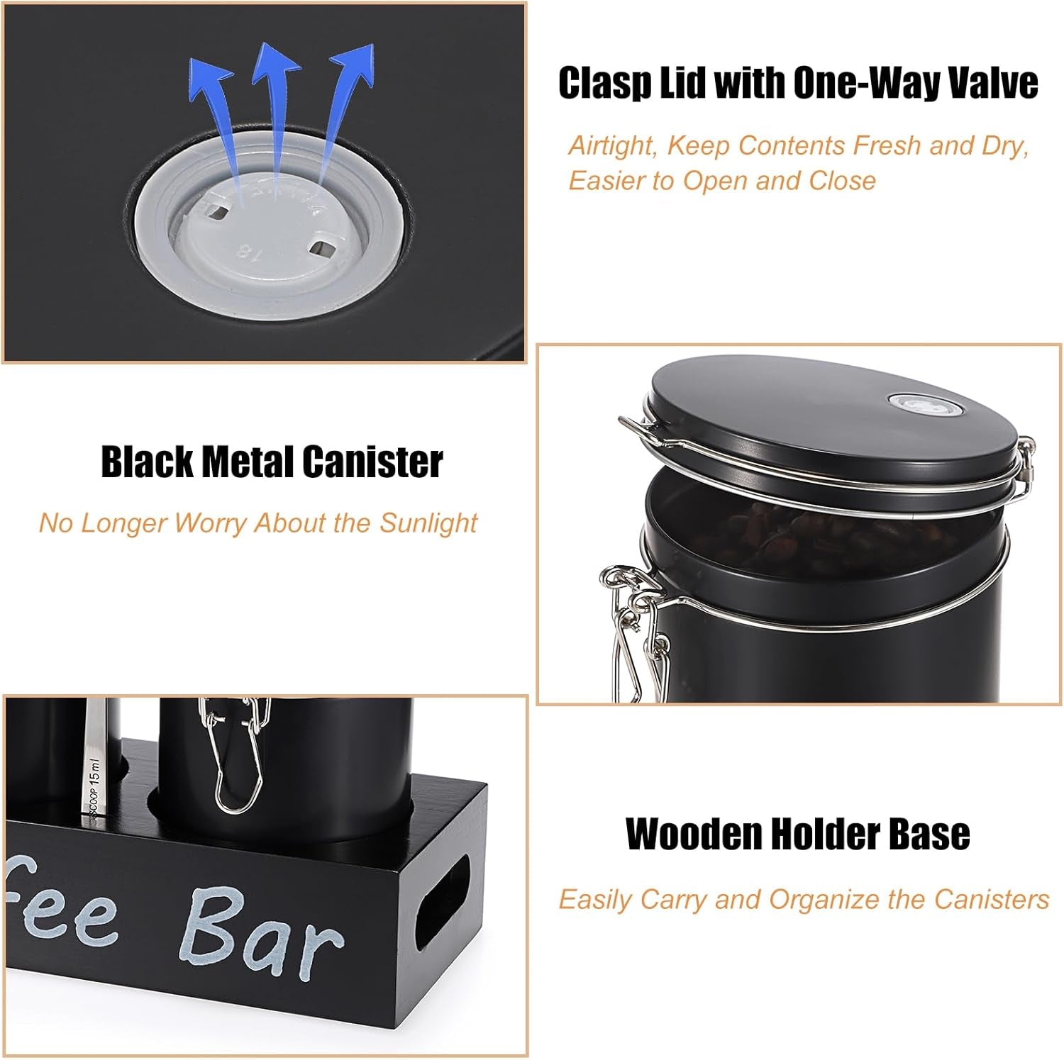 Set of 2 Metal Coffee Canisters with Airtight Lids and Handle Shelf, Black Coffee Bar Storage Jar Sets with Spoon, Metal Canisters for Coffee Bean, Ground Coffee, Sugar, Each 700Ml / 23.67Oz