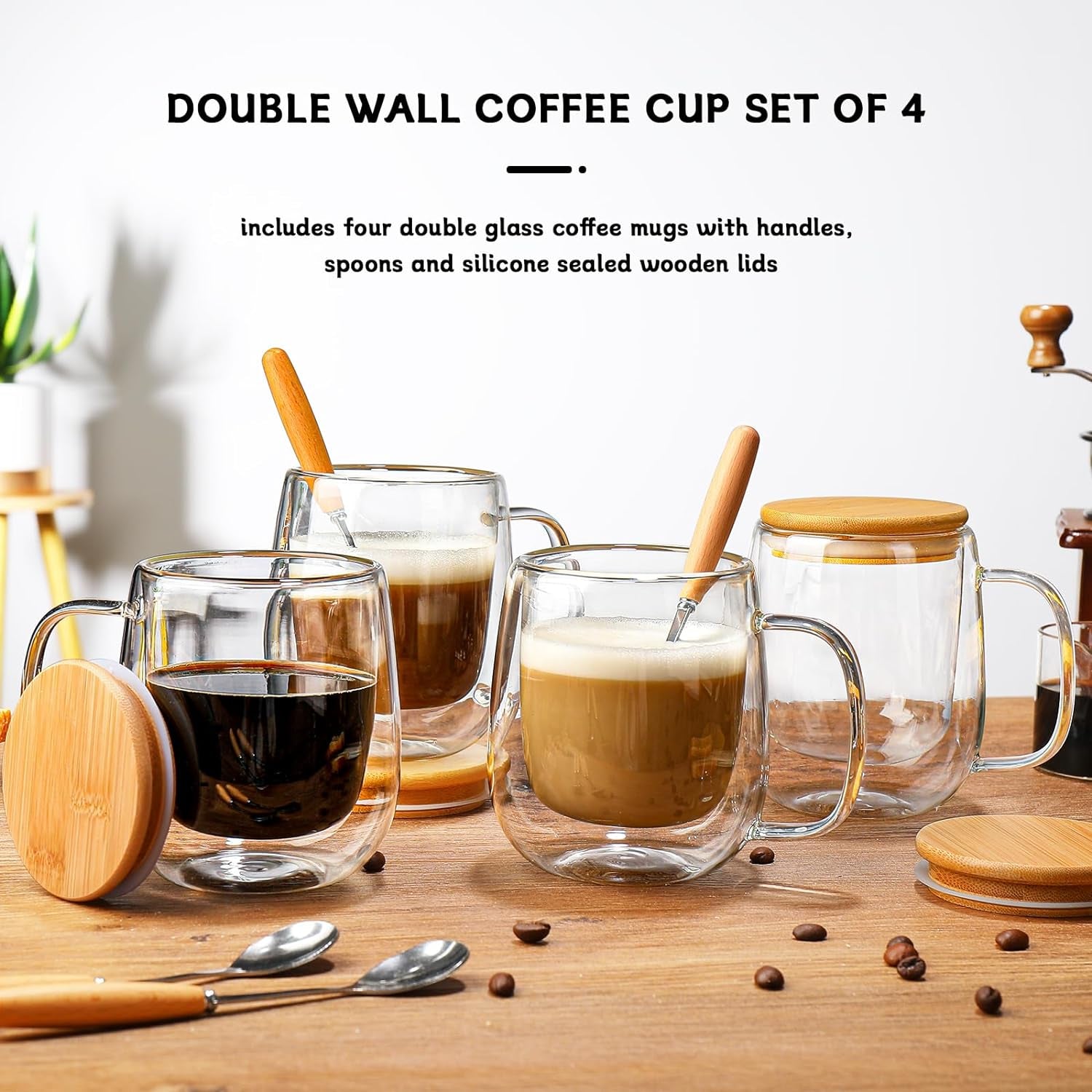 Double Wall Glass Coffee Mug 12 Oz, Glass Coffee Mug with Handle 【4 Sets】 - DWTS Coffee Mug with Lid and Spoon for Americano, Cappuccino, Latte, Espresso