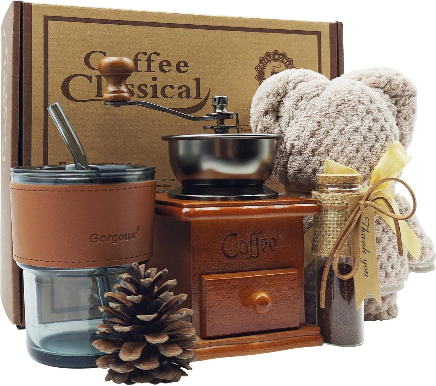 French Coffee Kit, Coffee Utensils, Manual Coffee Grinder and Self-Stirring Mug, Antique Style Coffee Gift Box, Coffee Lover Gifts, Thanksgiving Day Coffee Gift (Brown)