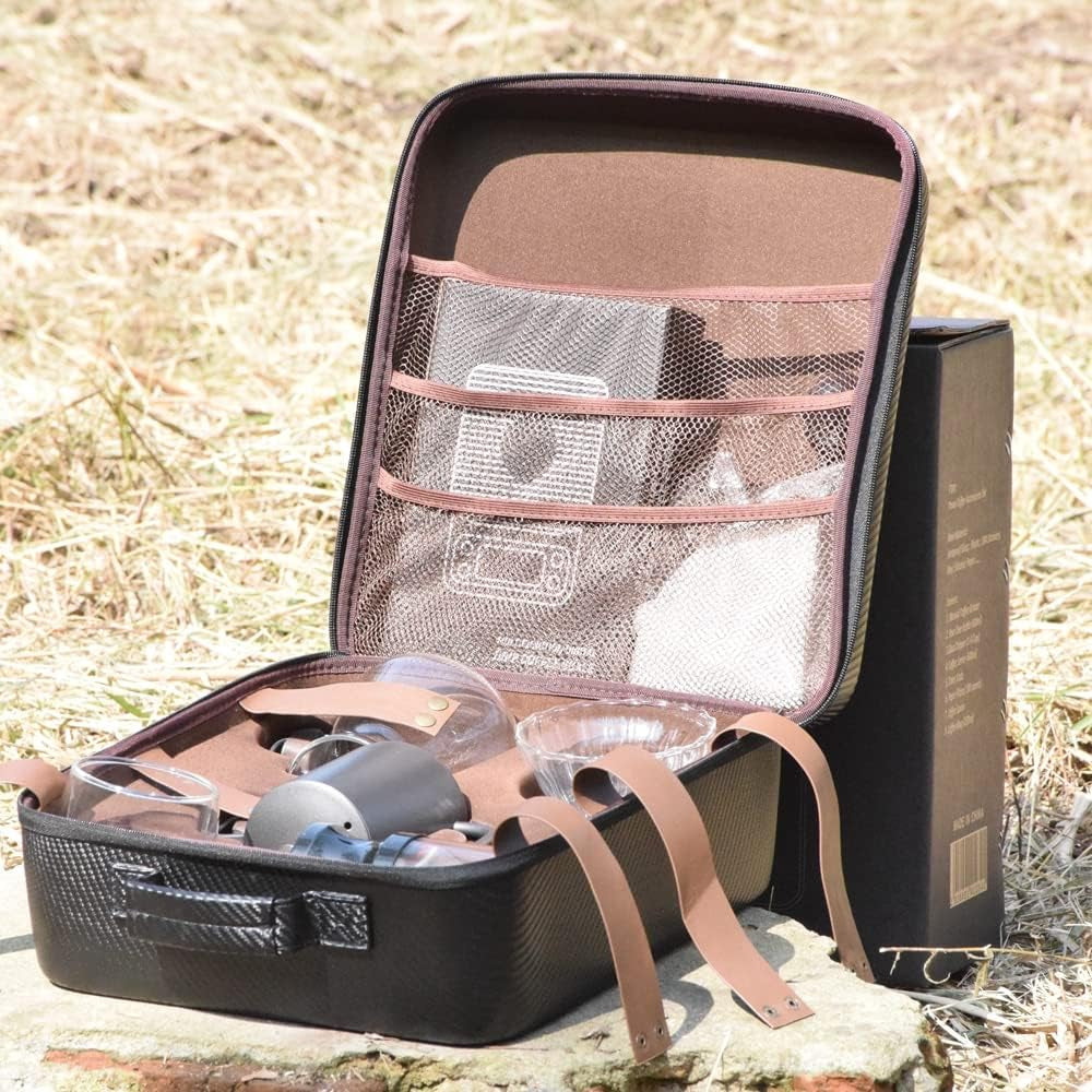 9-Piece Travel Coffee Gift Set with Goose Neck Kettle Digital Scale Double Walled Glass Mug Glass Server Manual Grinder Glass Dipper 100 Pcs Paper Filter and Scope for Drip Coffee