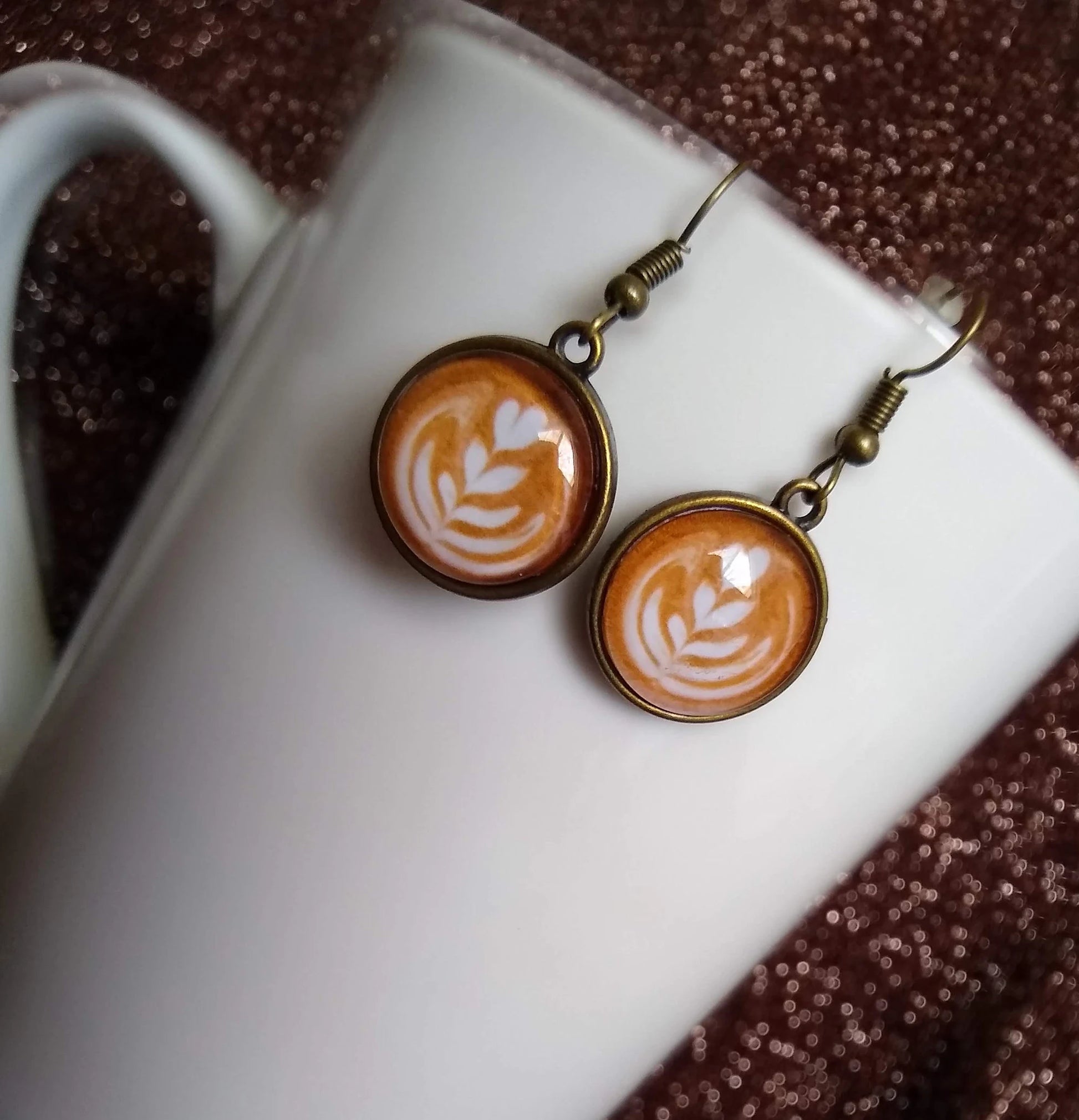 Coffee Cream Art Latte Small Dangle Glass Earrings Coffee Themed Jewelry Latte Rosetta Art Coffee Gift Jewelry Perfect Gift Coffee Lovers