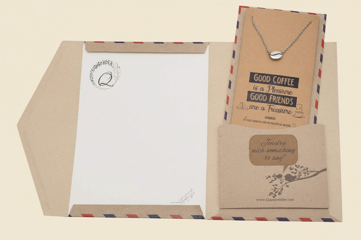 Quan Jewelry Coffee Bean Pendant Necklace and Ring, Handmade Gifts for Caffeine Lovers, Featuring Coffee Bean Charm, Comes with Quote Card, Gifts for Good Friends and Family (Silver Tone)