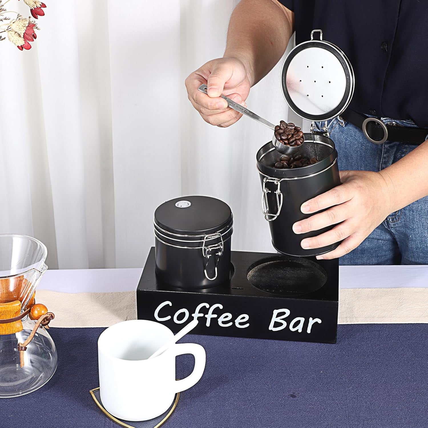 Set of 2 Metal Coffee Canisters with Airtight Lids and Handle Shelf, Black Coffee Bar Storage Jar Sets with Spoon, Metal Canisters for Coffee Bean, Ground Coffee, Sugar, Each 700Ml / 23.67Oz