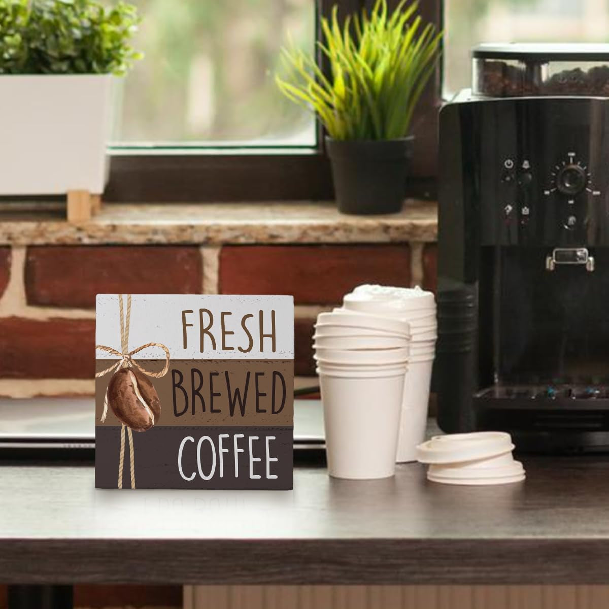 Coffee Bar Decor, Coffee Table Accessories, Coffee Wood Signs Decor for Coffee Bar, Fresh Brewed Coffee Wooden Box Block Sign Decorations, 5X5