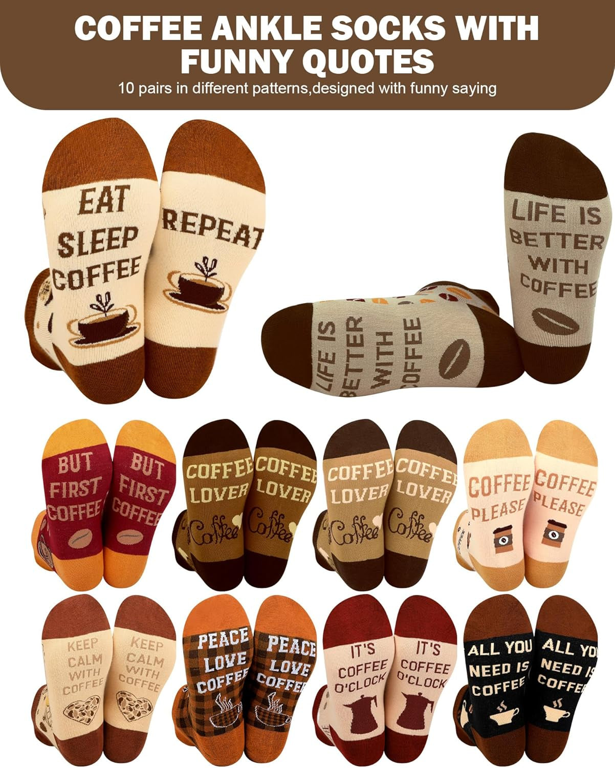 10 Pairs Coffee Socks for Women Coffee Ankle Socks Novelty Short Socks Coffee Lover Gifts for Women