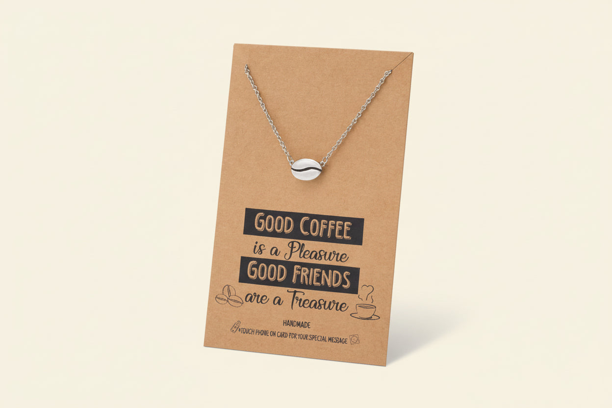 Quan Jewelry Coffee Bean Pendant Necklace and Ring, Handmade Gifts for Caffeine Lovers, Featuring Coffee Bean Charm, Comes with Quote Card, Gifts for Good Friends and Family (Silver Tone)