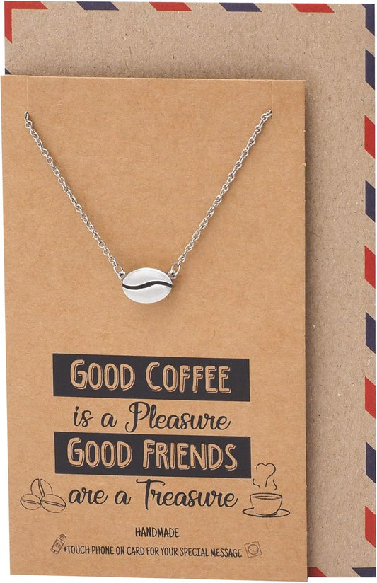 Quan Jewelry Coffee Bean Pendant Necklace and Ring, Handmade Gifts for Caffeine Lovers, Featuring Coffee Bean Charm, Comes with Quote Card, Gifts for Good Friends and Family (Silver Tone)
