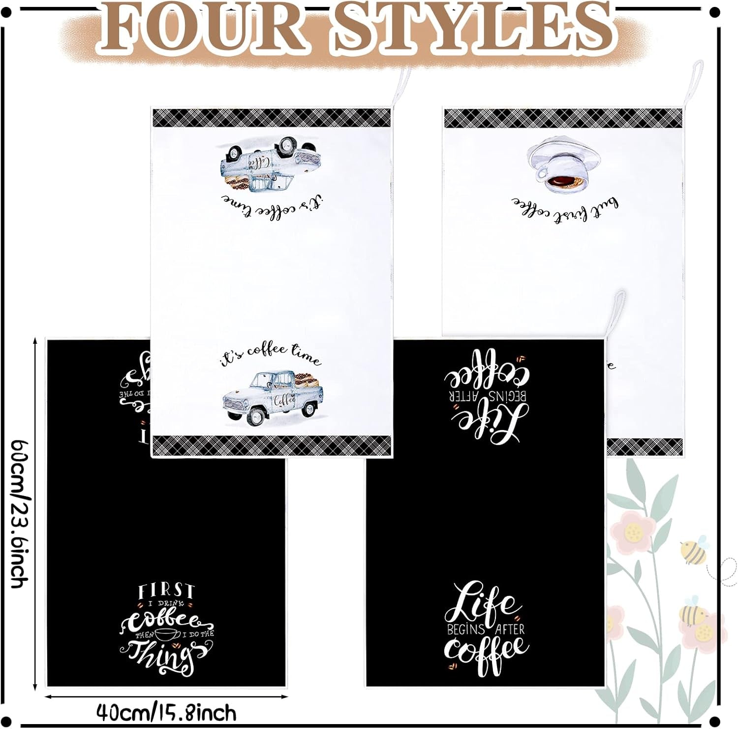 4 Pieces Kitchen Towels, Coffee Kitchen Hand Towels, Dish Towels, Absorbent Decorative Dish Cloths, for Farmhouse Housewarming (Mainly Black,Truck Style)