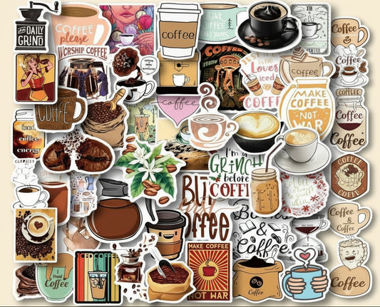 50 Pieces Coffee Stickers - Vinyl Coffee Bottle Sticker Pack for Gifts and Parties