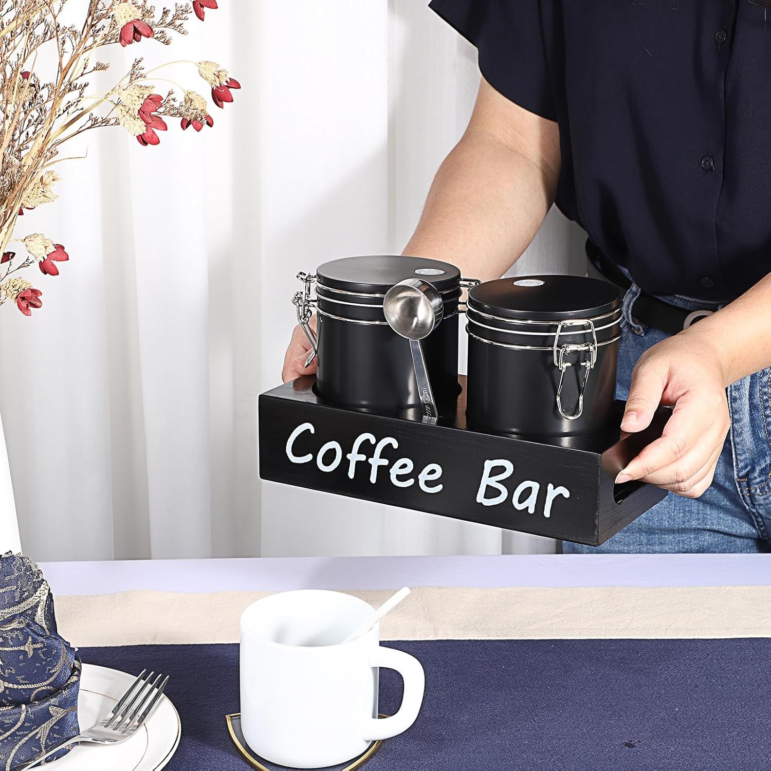 Set of 2 Metal Coffee Canisters with Airtight Lids and Handle Shelf, Black Coffee Bar Storage Jar Sets with Spoon, Metal Canisters for Coffee Bean, Ground Coffee, Sugar, Each 700Ml / 23.67Oz