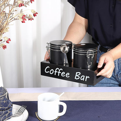 Set of 2 Metal Coffee Canisters with Airtight Lids and Handle Shelf, Black Coffee Bar Storage Jar Sets with Spoon, Metal Canisters for Coffee Bean, Ground Coffee, Sugar, Each 700Ml / 23.67Oz
