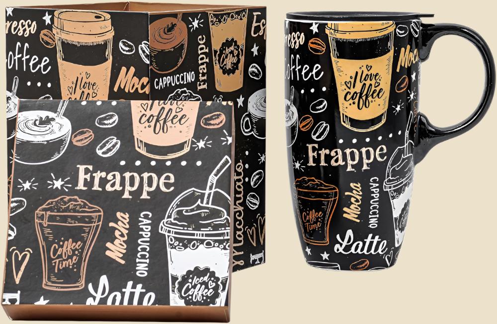 Ceramic Travel Mug with Handle Ceramic Coffee Mug Ceramic Latte Teacup in Color Box 17 Oz, Splash Resistant Lid - to Go Tumbler for Car Cup Holder, Frappe