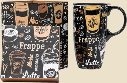 Ceramic Travel Mug with Handle Ceramic Coffee Mug Ceramic Latte Teacup in Color Box 17 Oz, Splash Resistant Lid - to Go Tumbler for Car Cup Holder, Frappe