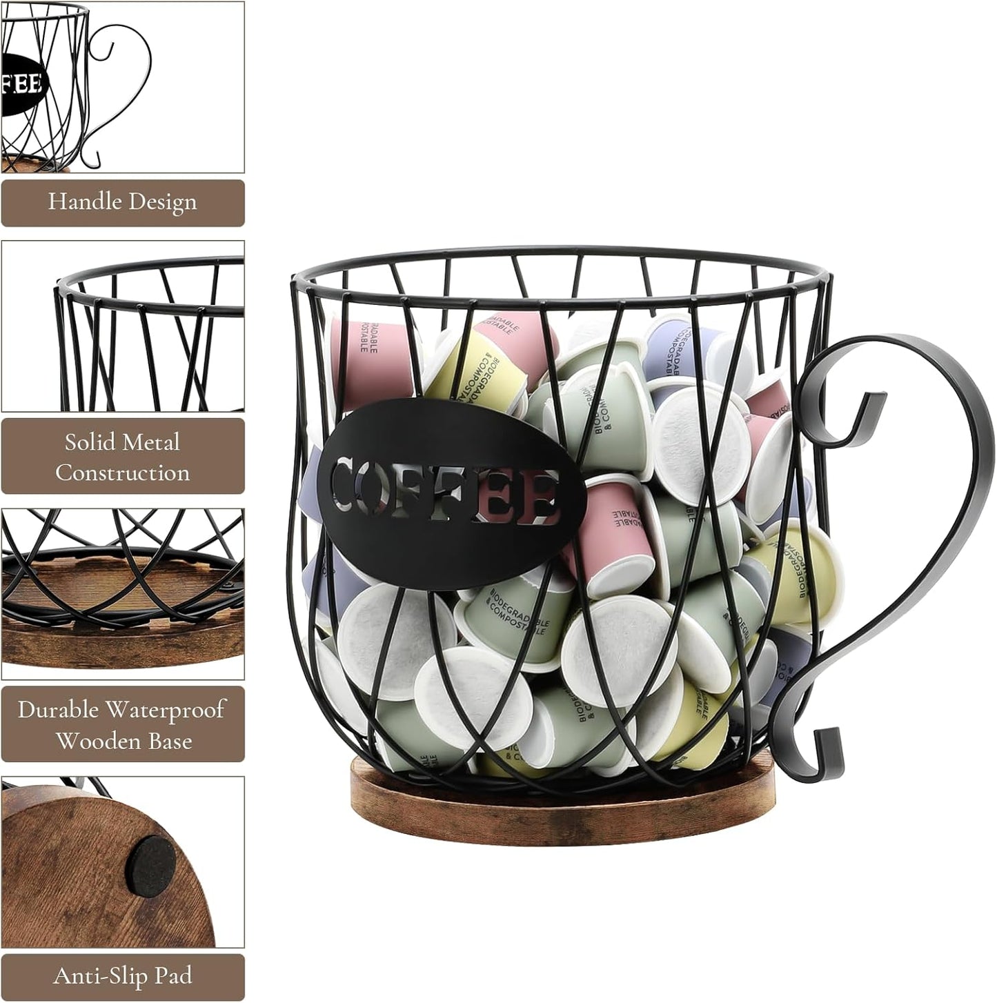 Coffee Pod Holder Organizer, Large Capacity K Cup Holder Organizer, Storage Basket for Kitchen Countertop Office Coffee Bar with Wooden Base(Rustic Brown-Round)