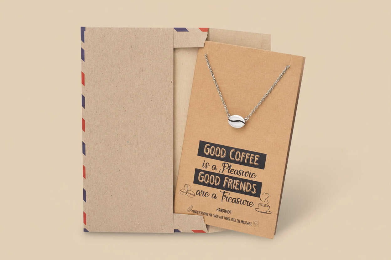 Quan Jewelry Coffee Bean Pendant Necklace and Ring, Handmade Gifts for Caffeine Lovers, Featuring Coffee Bean Charm, Comes with Quote Card, Gifts for Good Friends and Family (Silver Tone)