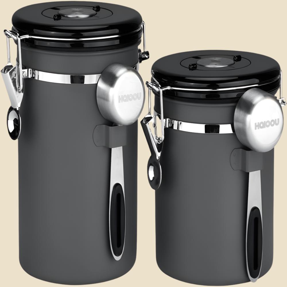 Airtight Coffee Canister, 22OZ Large Stainless Steel Coffee Bean Storage Container with Date Tracker, Measuring Scoop, 6Pcs CO2 Valves and Mini Tongs for Beans, Grounds, Sugar and More - Black