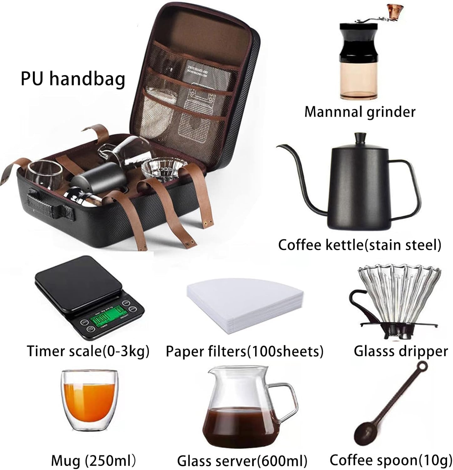 Hand Coffee Gift Set，Outdoor Camping Portable Coffee Kit Maker，Mannal Grinder, Dripper, Coffee Kettle,Glass Server, Mug&Spoon Filter and Timer Scale, Travel Bag