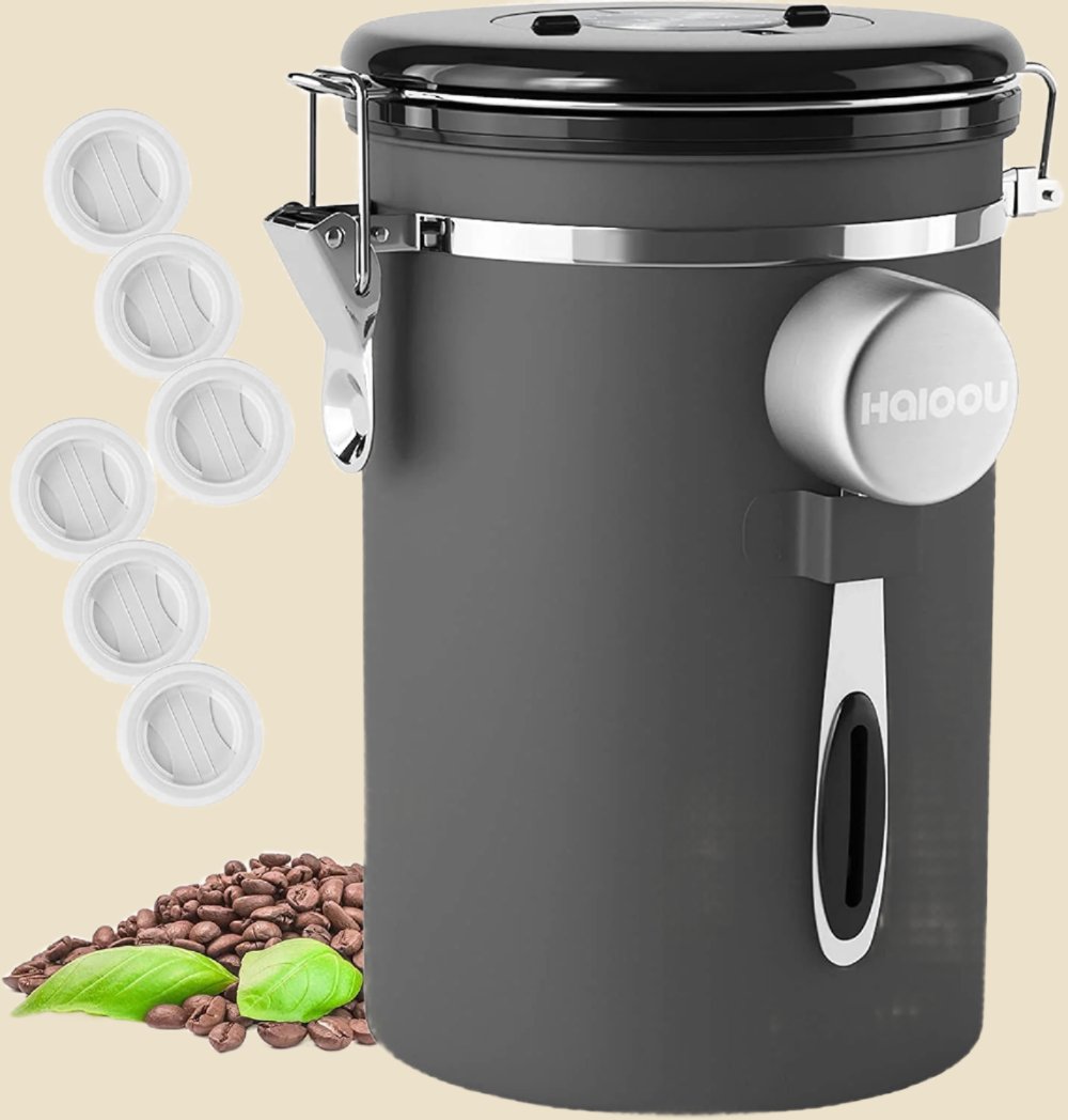 Airtight Coffee Canister, 22OZ Large Stainless Steel Coffee Bean Storage Container with Date Tracker, Measuring Scoop, 6Pcs CO2 Valves and Mini Tongs for Beans, Grounds, Sugar and More - Black