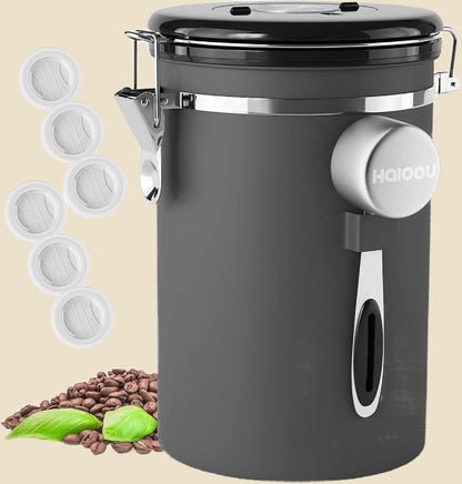 Airtight Coffee Canister, 22OZ Large Stainless Steel Coffee Bean Storage Container with Date Tracker, Measuring Scoop, 6Pcs CO2 Valves and Mini Tongs for Beans, Grounds, Sugar and More - Black