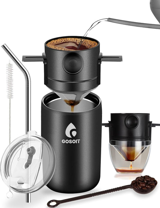 Portable Pour over Coffee Maker Machine Coffee Cup Filter Mug with Pour over Dripper Coffee Bottle Includ Straw Cleaning Brush and Spoon