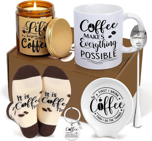  6PCS Coffee Gift Basket, Coffee Lover Gift Set Includes Coffee Mug Spoon Rest Holder Coffee Socks Keychain,Gift for Women Men Coffee Lover Friends