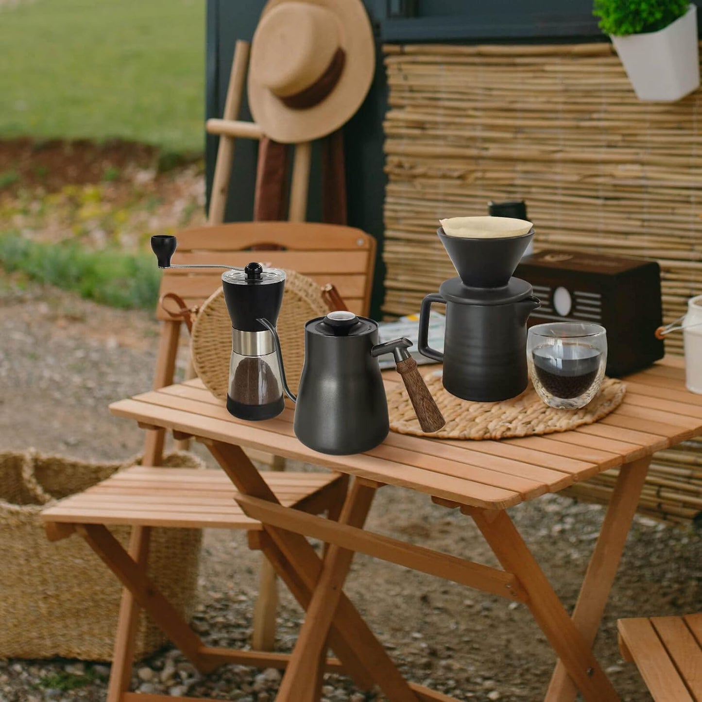Pour over Coffee Maker Set All in 1 Coffee Kits- 304 Stainless Steel Kettle with Thermometer Coffee Grinder Coffee Dripper & Server of Portable Travel Bag for Outdoor Camping