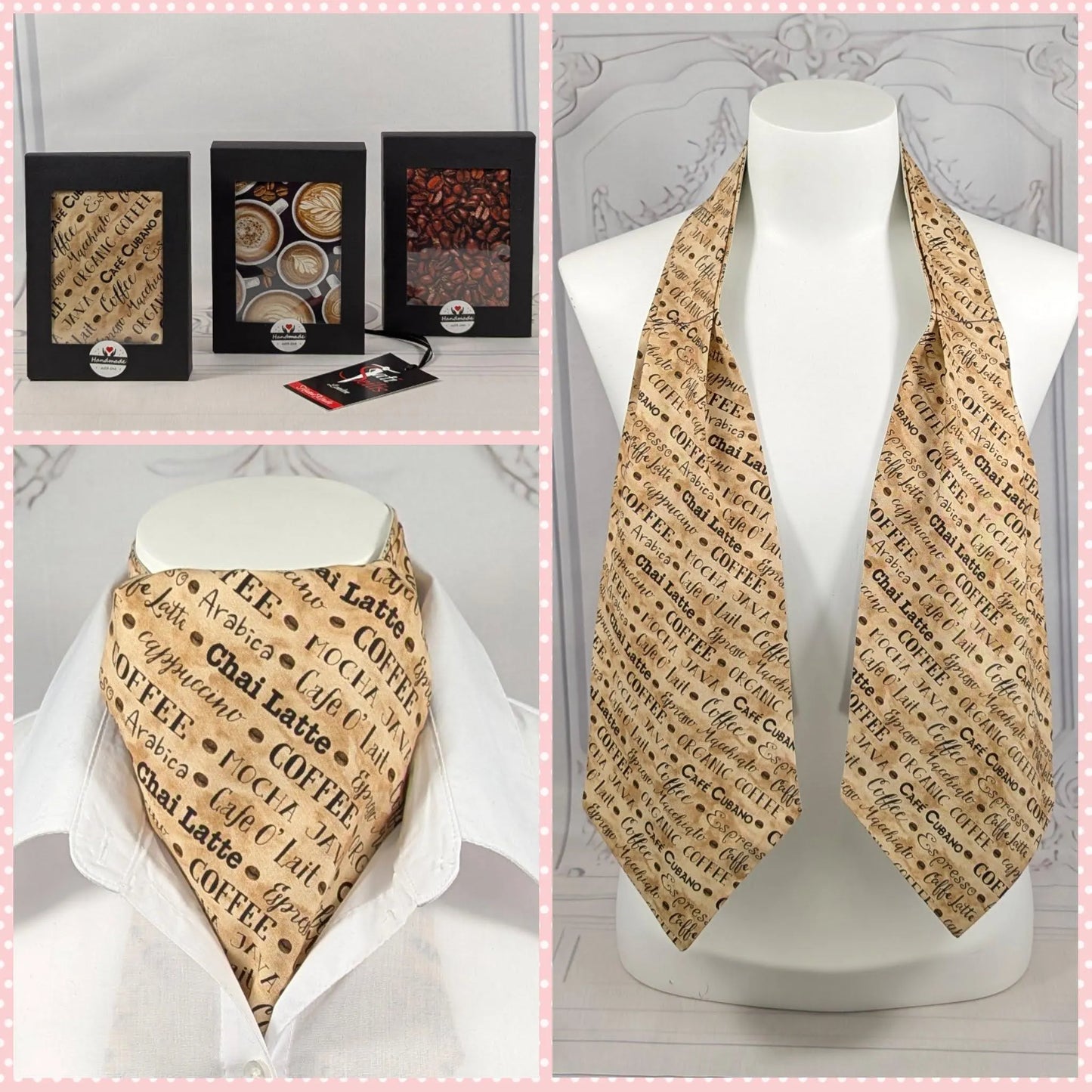 Mens Neckwear Ascot with Coffee Print, Cravat for Coffee Lovers,High Quality Cotton,Casual Necktie,Men Accessories,For Him,Valentine'S Day