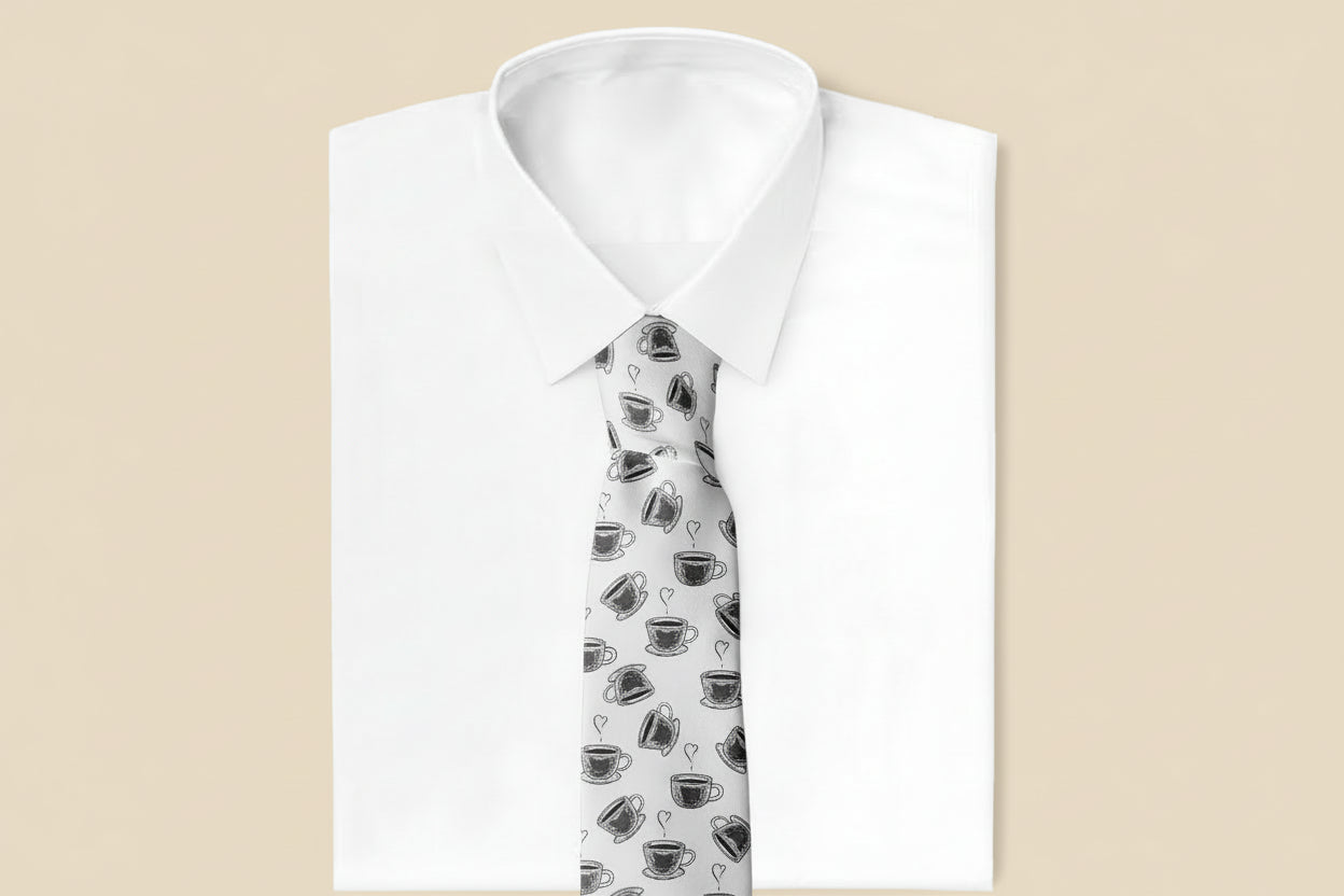 Novelty Necktie for Men (Coffe Cup  Pattern) Fun Conversational Silky Tie, Neck Tie for Party, Events, Unique and Original