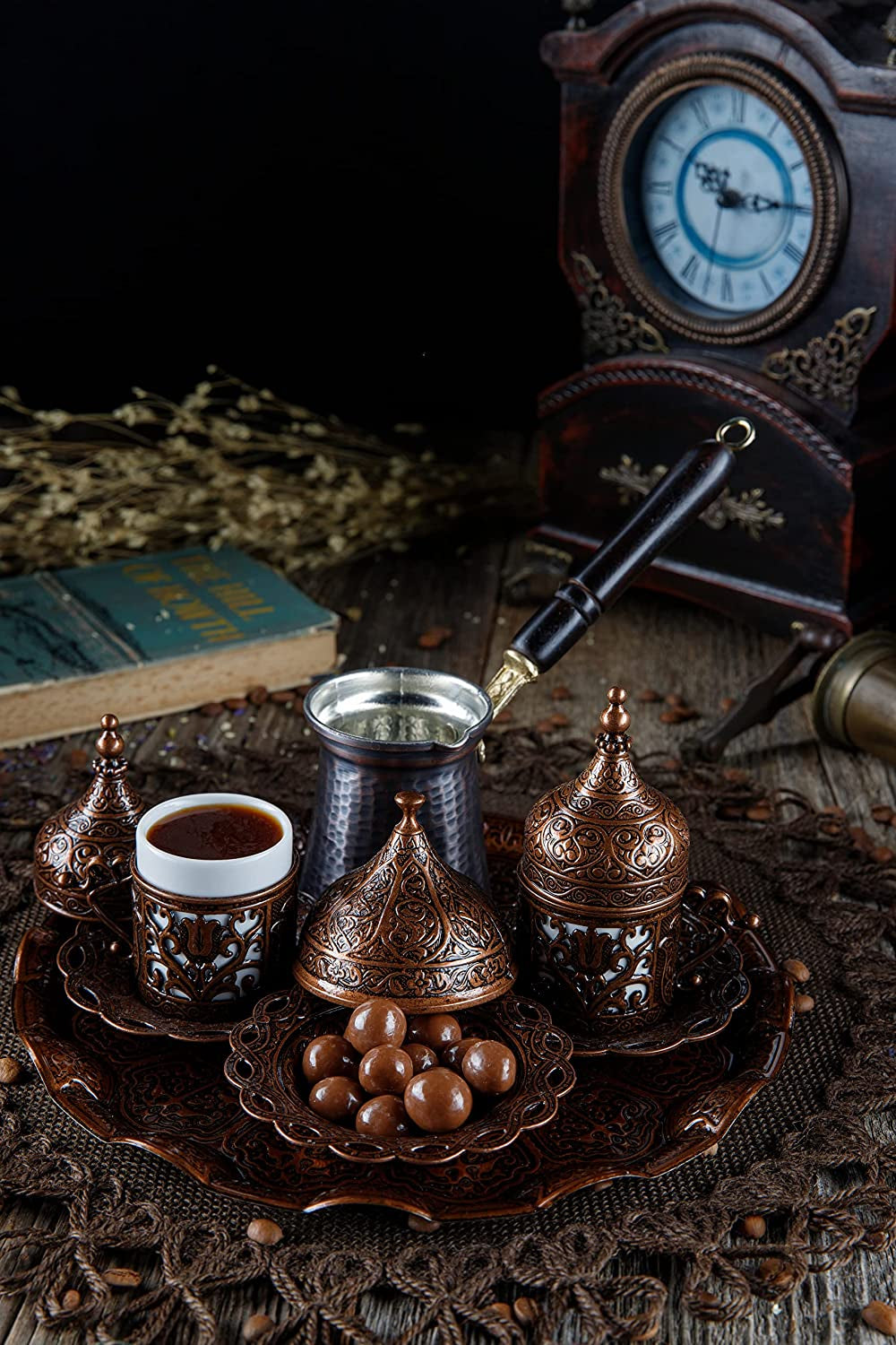 Turkish Greek Arabic Coffee Making and Serving Full Set with Cups, Saucers, Lids, Sugar Bowl, Tray and Antiqued Copper Coffee Pot, 12 Pcs (Antique Brass)