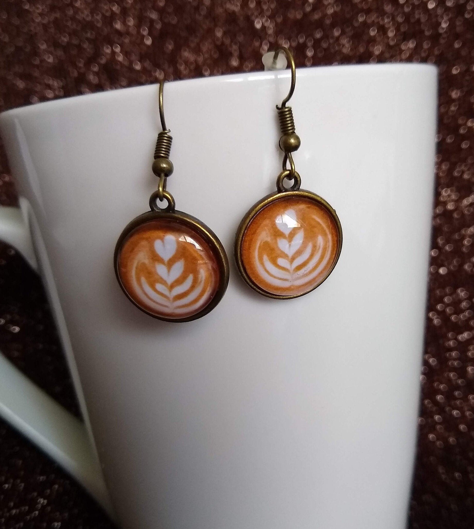 Coffee Cream Art Latte Small Dangle Glass Earrings Coffee Themed Jewelry Latte Rosetta Art Coffee Gift Jewelry Perfect Gift Coffee Lovers