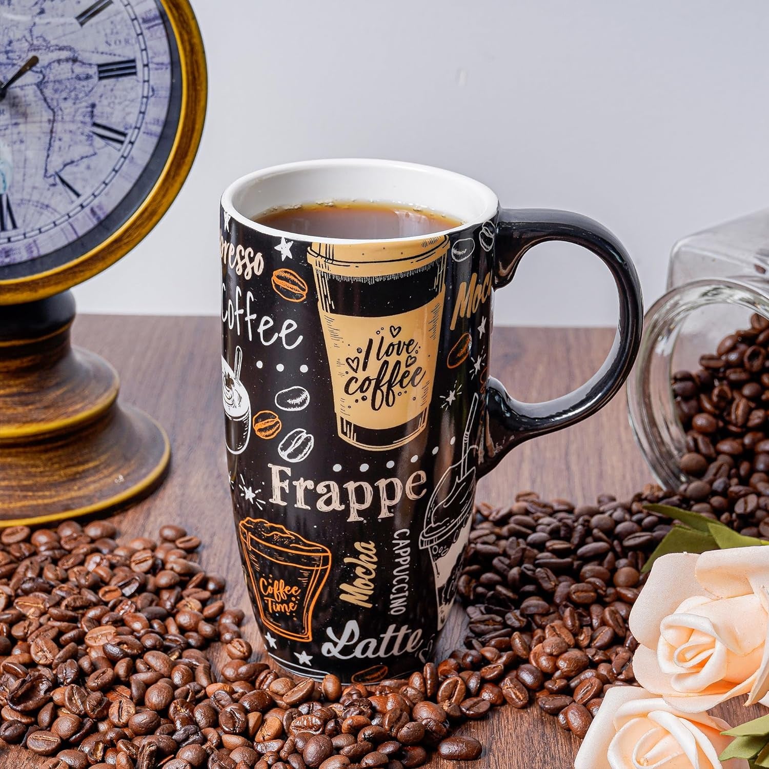 Ceramic Travel Mug with Handle Ceramic Coffee Mug Ceramic Latte Teacup in Color Box 17 Oz, Splash Resistant Lid - to Go Tumbler for Car Cup Holder, Frappe