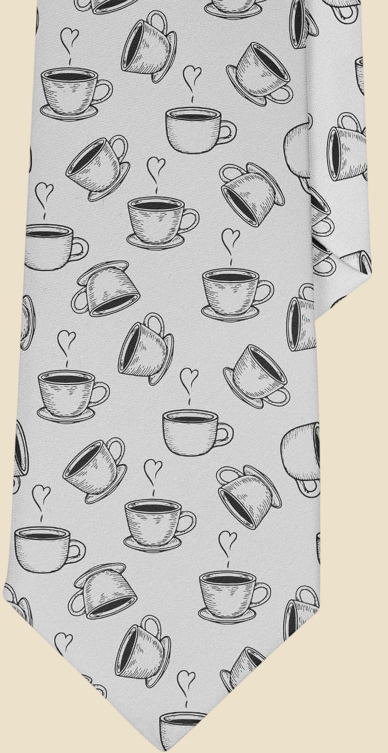Novelty Necktie for Men (Coffe Cup  Pattern) Fun Conversational Silky Tie, Neck Tie for Party, Events, Unique and Original
