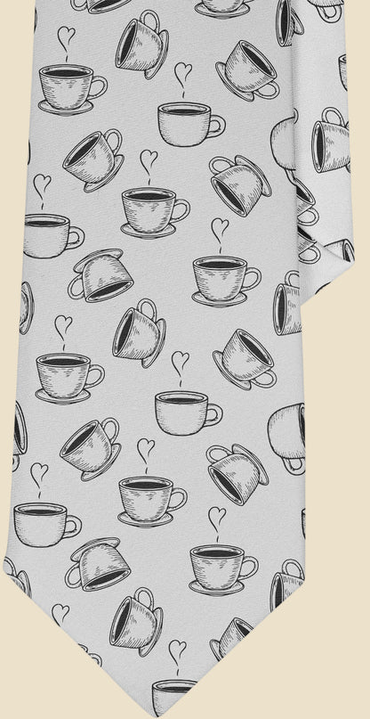 Novelty Necktie for Men (Coffe Cup  Pattern) Fun Conversational Silky Tie, Neck Tie for Party, Events, Unique and Original