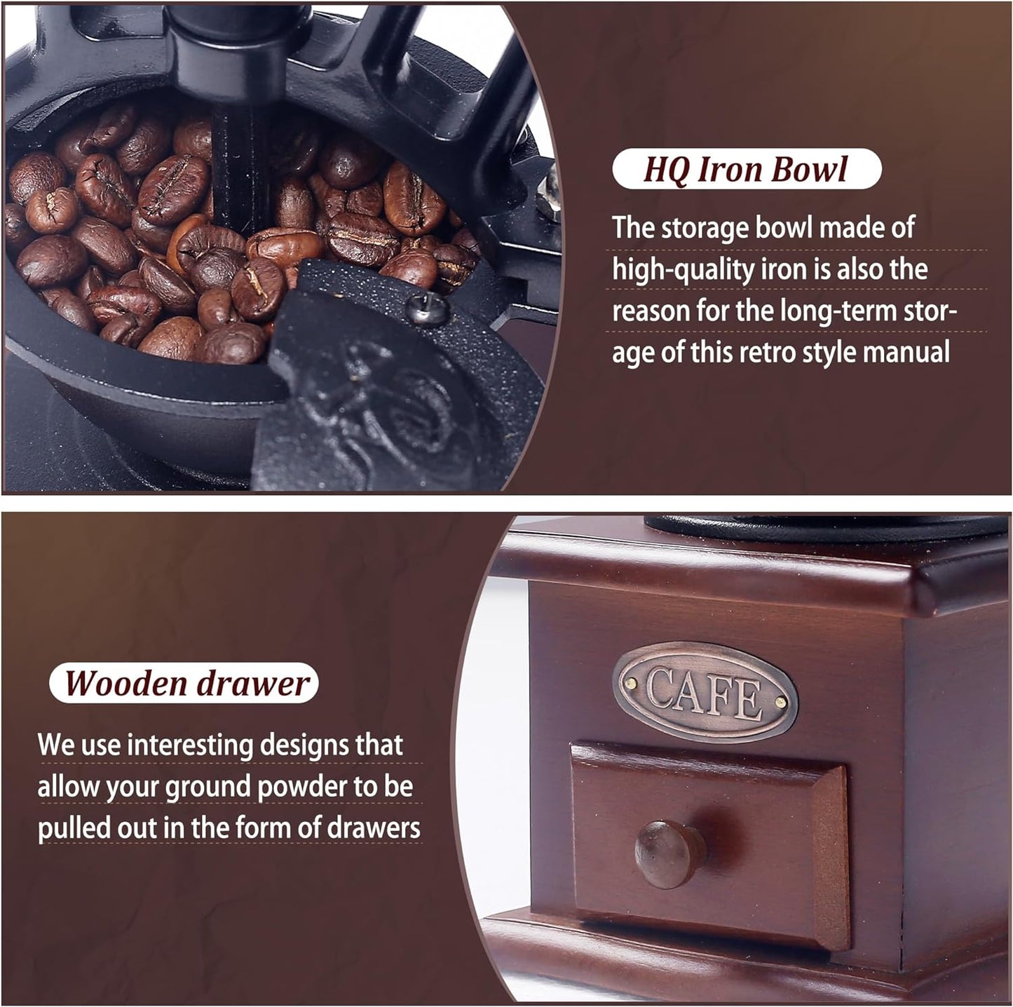 Manual Coffee Grinder Vintage Wooden Coffee Bean Grinder Hand Grinder Roller Antique Coffee Mill for Making Mesh Coffee Classic French Press for Decoration (Quadrilateral)