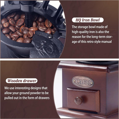 Manual Coffee Grinder Vintage Wooden Coffee Bean Grinder Hand Grinder Roller Antique Coffee Mill for Making Mesh Coffee Classic French Press for Decoration (Quadrilateral)