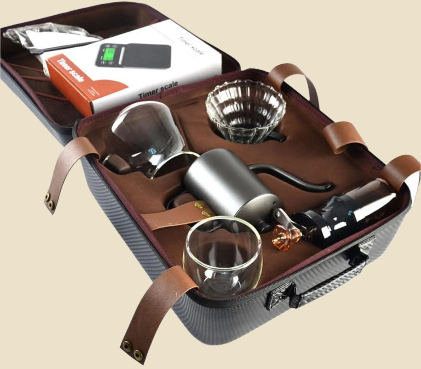 Hand Coffee Gift Set，Outdoor Camping Portable Coffee Kit Maker，Mannal Grinder, Dripper, Coffee Kettle,Glass Server, Mug&Spoon Filter and Timer Scale, Travel Bag