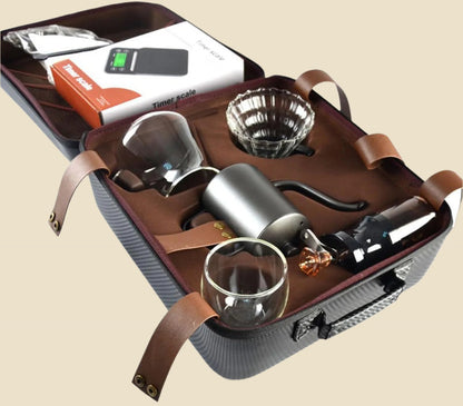 Hand Coffee Gift Set，Outdoor Camping Portable Coffee Kit Maker，Mannal Grinder, Dripper, Coffee Kettle,Glass Server, Mug&Spoon Filter and Timer Scale, Travel Bag