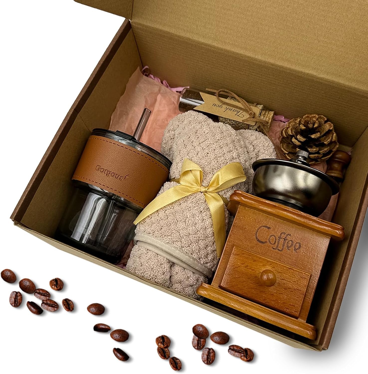 French Coffee Kit, Coffee Utensils, Manual Coffee Grinder and Self-Stirring Mug, Antique Style Coffee Gift Box, Coffee Lover Gifts, Thanksgiving Day Coffee Gift (Brown)