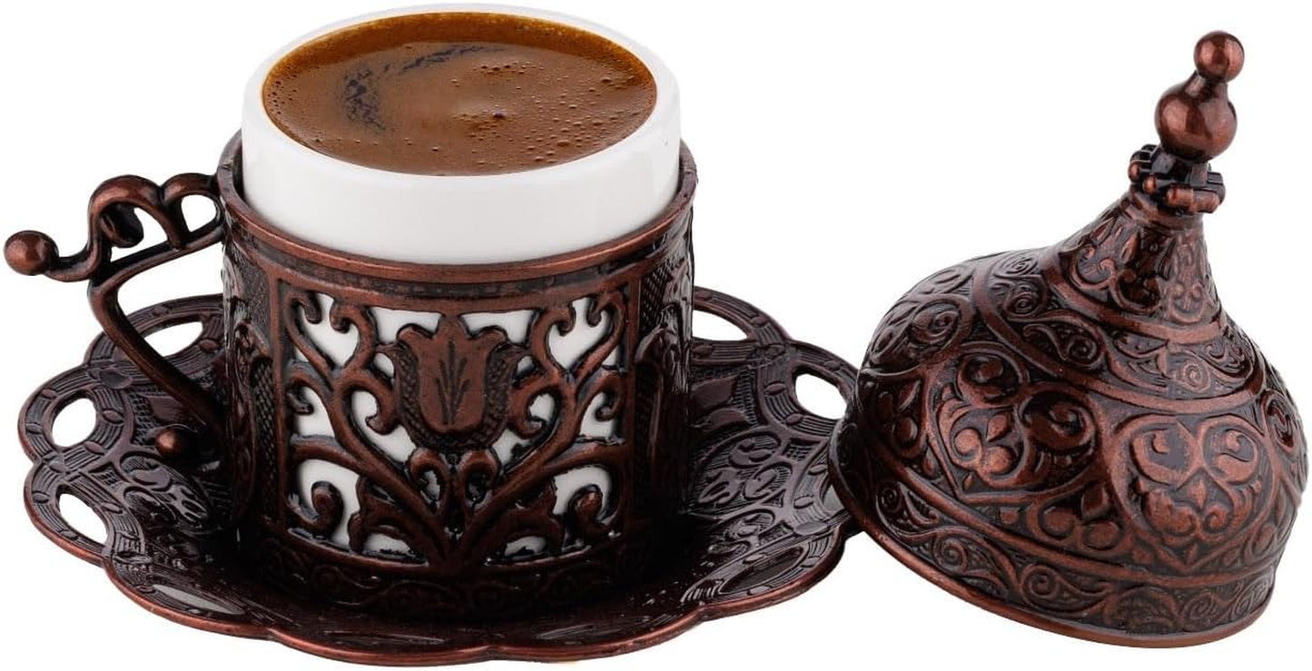Turkish Greek Arabic Coffee Making and Serving Full Set with Cups, Saucers, Lids, Sugar Bowl, Tray and Antiqued Copper Coffee Pot, 12 Pcs (Antique Brass)