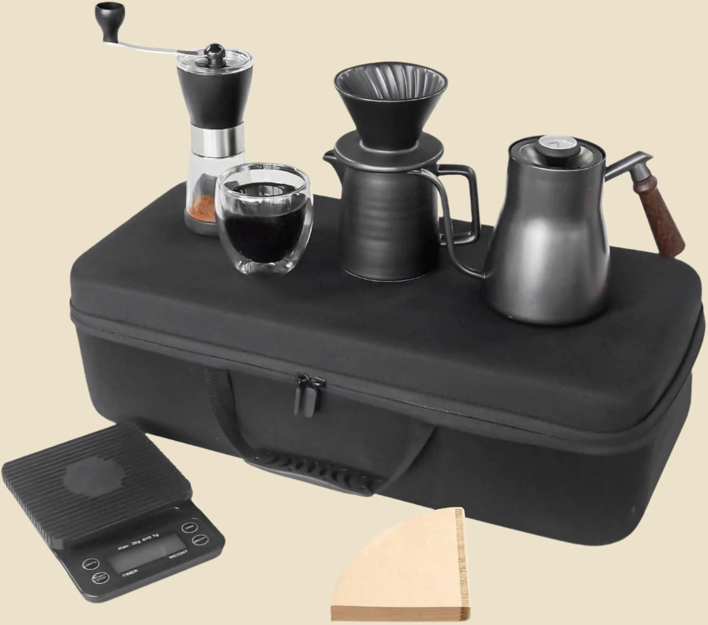 Pour over Coffee Maker Set All in 1 Coffee Kits- 304 Stainless Steel Kettle with Thermometer Coffee Grinder Coffee Dripper & Server of Portable Travel Bag for Outdoor Camping