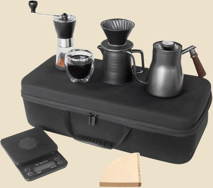 Pour over Coffee Maker Set All in 1 Coffee Kits- 304 Stainless Steel Kettle with Thermometer Coffee Grinder Coffee Dripper & Server of Portable Travel Bag for Outdoor Camping