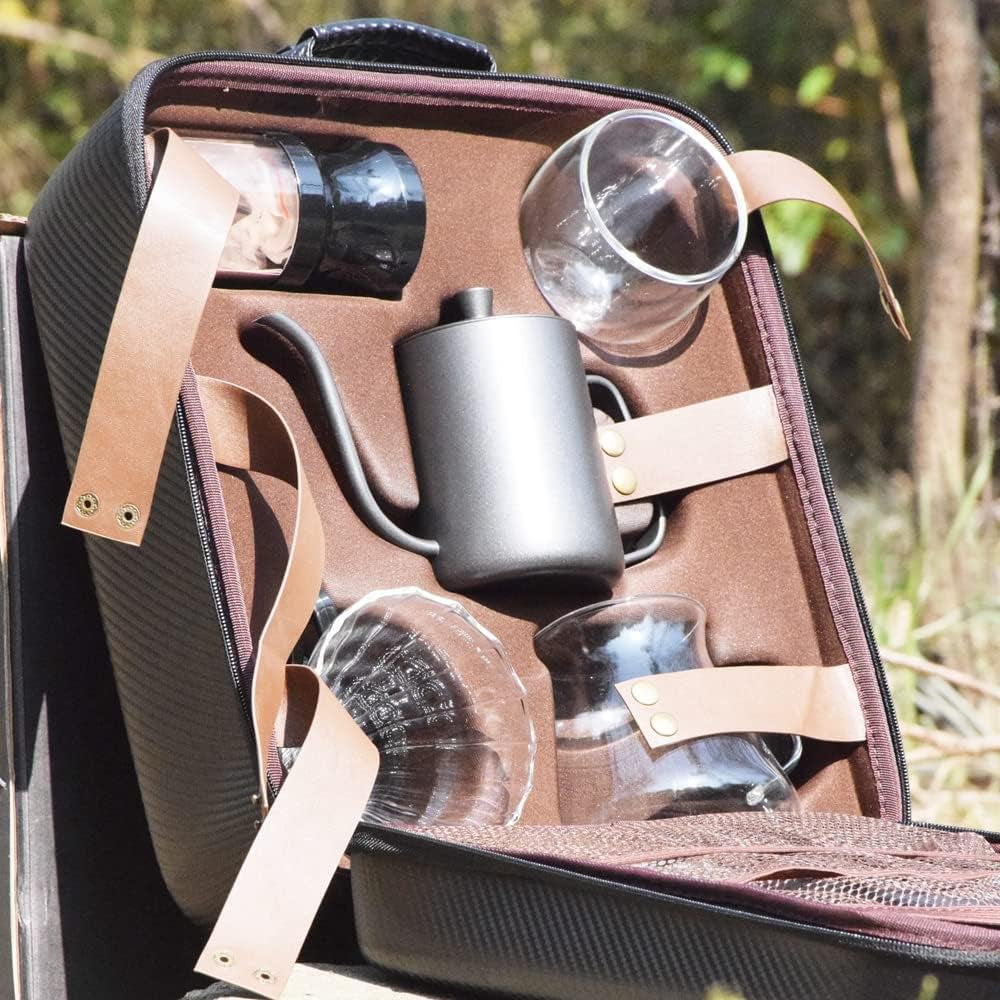 9-Piece Travel Coffee Gift Set with Goose Neck Kettle Digital Scale Double Walled Glass Mug Glass Server Manual Grinder Glass Dipper 100 Pcs Paper Filter and Scope for Drip Coffee