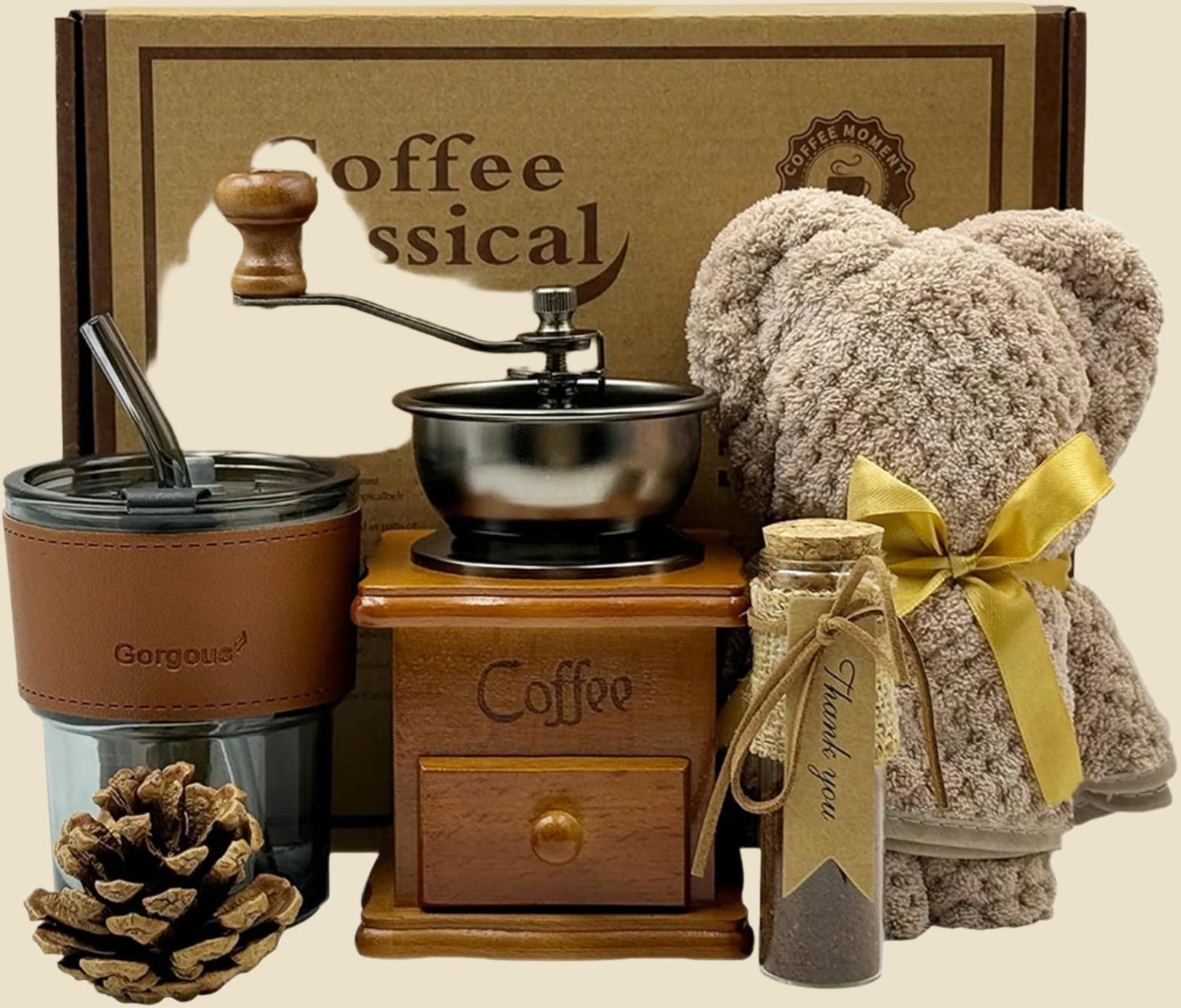 French Coffee Kit, Coffee Utensils, Manual Coffee Grinder and Self-Stirring Mug, Antique Style Coffee Gift Box, Coffee Lover Gifts, Thanksgiving Day Coffee Gift (Brown)