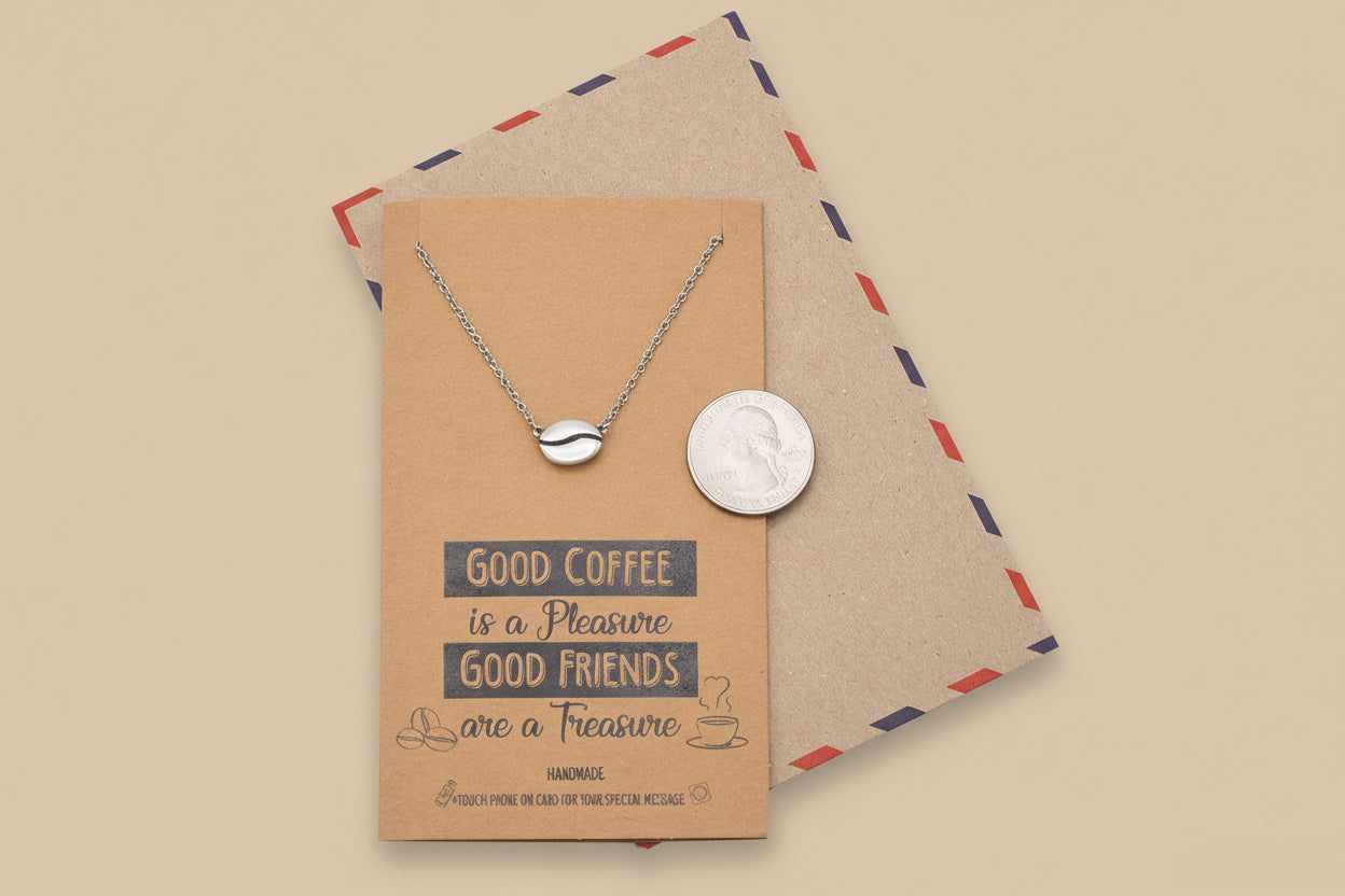 Quan Jewelry Coffee Bean Pendant Necklace and Ring, Handmade Gifts for Caffeine Lovers, Featuring Coffee Bean Charm, Comes with Quote Card, Gifts for Good Friends and Family (Silver Tone)